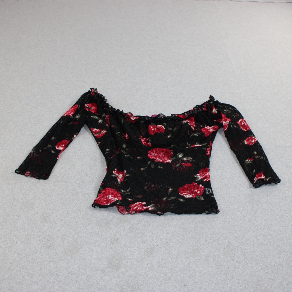Marrika Nakk Shirt Women Small Black Rose Lace Off Shoulder Crop Sheer Boho Y2K